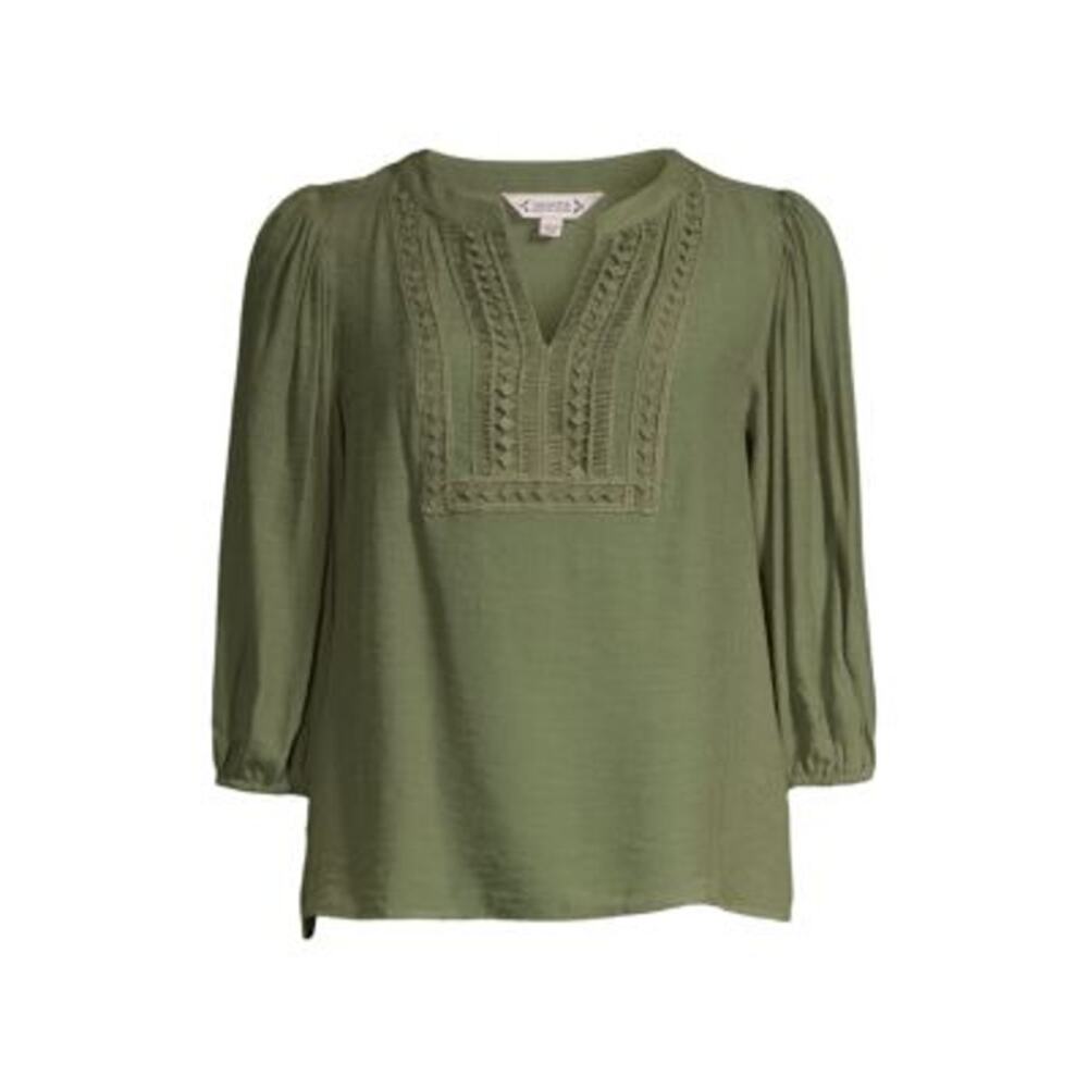 Nanette Lepore Crochet Detail Split Neck Top Size Small NWT Martini Olive Green - Picture 10 of 10